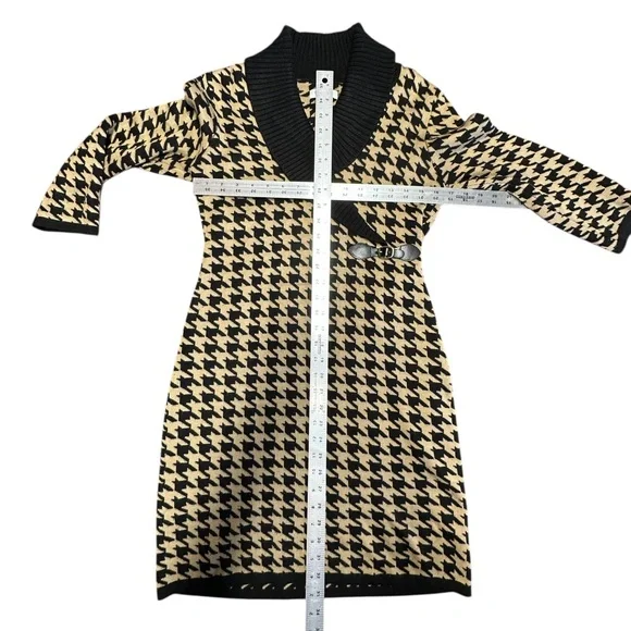 CALVIN KLEIN Black & Tan Houndstooth Sweater Dress Buckle STRETCH Women's Small - Picture 7 of 8